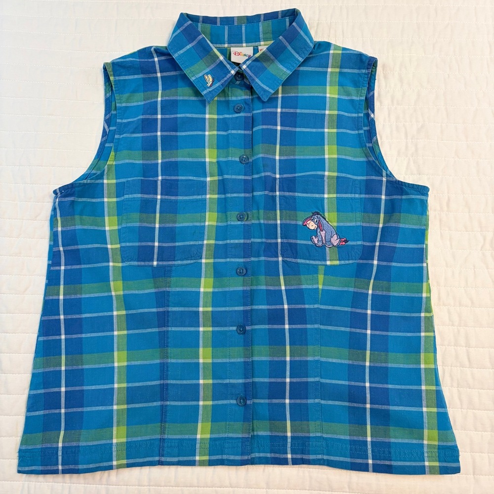 Disney Eeyore Sleeveless Button Down Shirt Blue Green Plaid Womens Medium